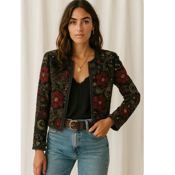 Vintage 90s Laurence Kazar New York Boho Floral Sequence Crop Jacket Rare - Picture 12 of 13